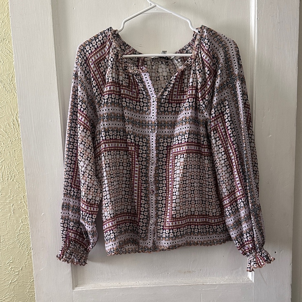 Joie Boho Printed Long Sleeve Button Down Lightweight Blouse Top
